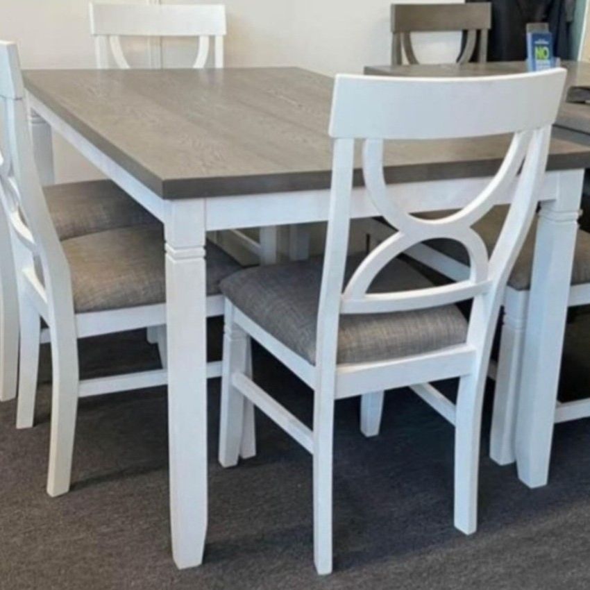 ✅️6 pcs White and grey finish dining table set padded seat chairs and bench.