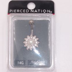 Diamond And Pearl Flower Titanium Navel Button Ring
