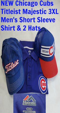 NEW Chicago Cubs Majestic 3XL Titleist Short Sleeve Shirt and 2 Golf Trucker Adjustable Caps