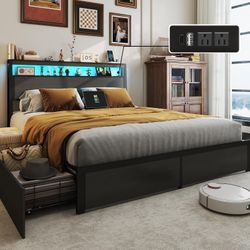 Queen Bed Frame with Storage Headboard and 4 Drawers, Metal Platform Bed Frame with LED Light, Charging Station, No Box Spring Needed, Noise Free, Eas