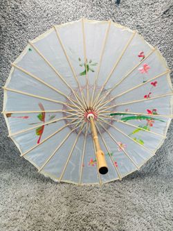 Vintage Hand Painted Paper Parasol Umbrella Asian Bamboo Wood Floral Decor 22 In