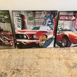 (3) Matching Motorcycle/Mustang/Corvette car vehicle retro art themed high-quality and heavy canvas prints (27” x 27” x 2”) from ZGallerie for Mancave