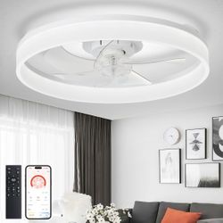 DLLT Modern Ceiling Fans with Lights: 20" Flush Mount Low Profile Ceiling Fan with APP Remote Control - White LED Bladeless Fandelier Dimma=A6-767