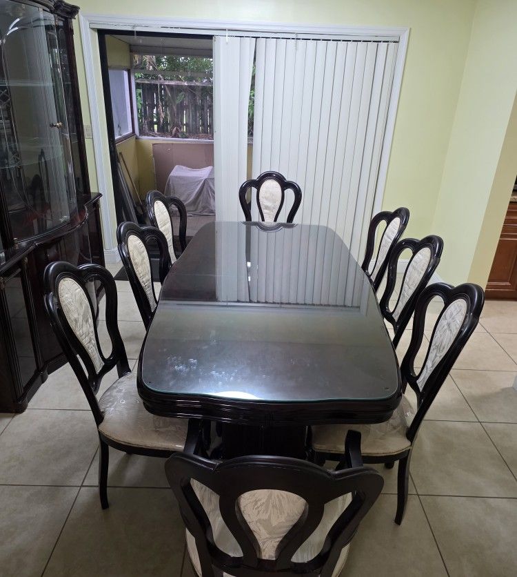 Mahogany Wood 8 Chair Table With Matching China Cabinet. TV Stand And Shelves