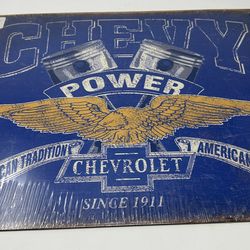 Chevy Power Since 1911 Tin Metal Sign Garage Shop Classic Wings Pistons