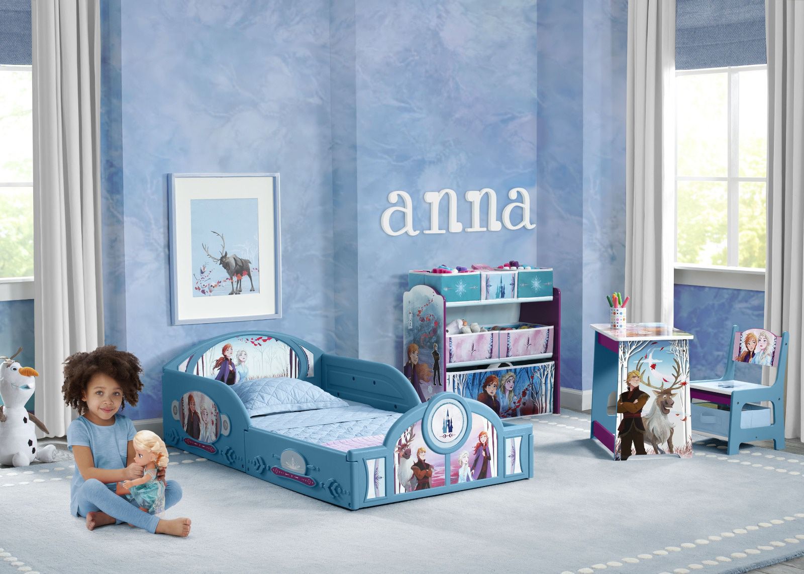 Disney Frozen II 4-Piece Room-in-a-Box Bedroom Set by Delta Children - Includes Sleep & Play Toddler Bed, 6 Bin Design & Store Toy Organizer and Desk