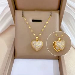 ZAKOL French Shell Pearl Necklace For Women Gold Color Stainless Steel Zircon Love Heart Clavicle Chain Choker Wedding Jewelry