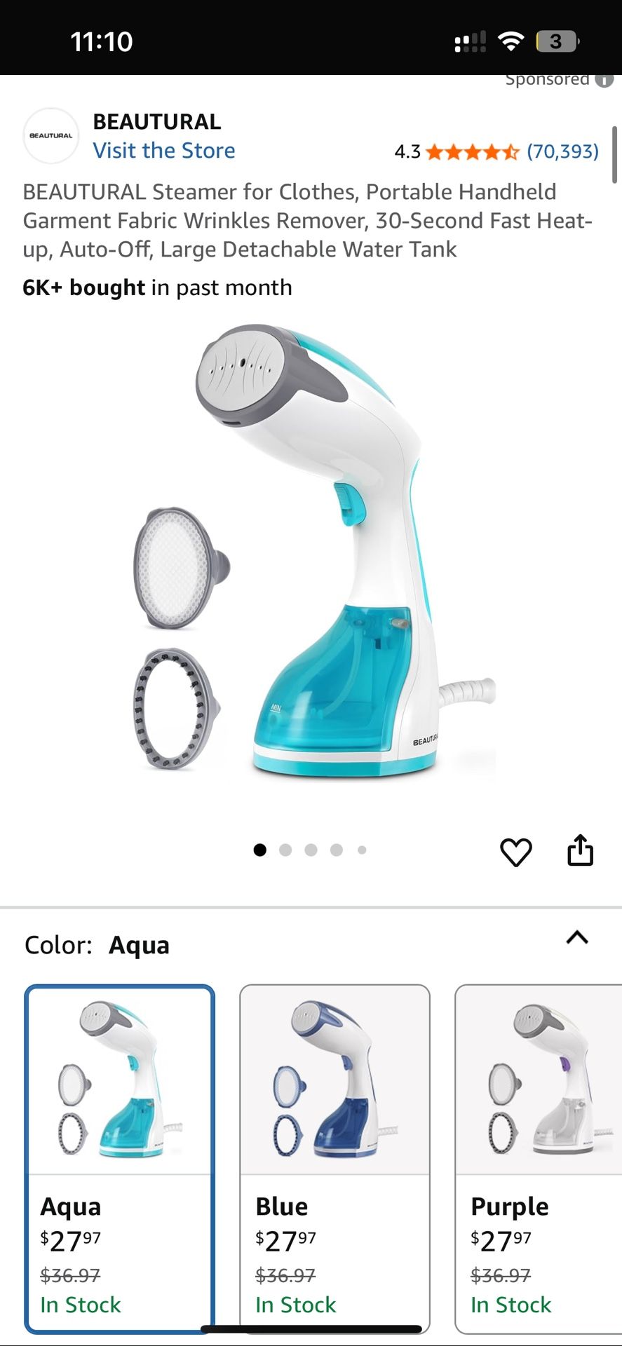 BEAUTURAL Steamer for Clothes, Portable Handheld Garment Fabric Wrinkles Remover, 30-Second Fast Heat-up, Auto-Off, Large Detachable Water Tank