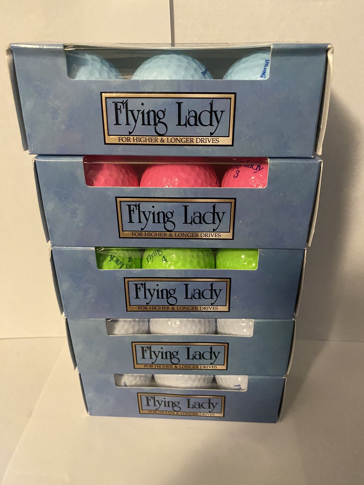 NEW- Spalding Flying Lady Golf Balls -5 Boxes Of 3 -White, Blue, Green, Pink