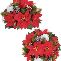 BLOSMON Poinsettias Artificial Christmas Flowers: 2 Pcs Red Fake Floral Ball Centerpieces for Tables Decorations Silk Faux Poinsettia Winter Holiday F
