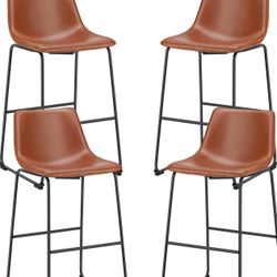 Sweetcrispy Counter Height Bar Stools Set of 4, 30 inch Height, Brown Faux Leather Barstools with Back, Armless, Kitchen Island Countertop, Comfortabl