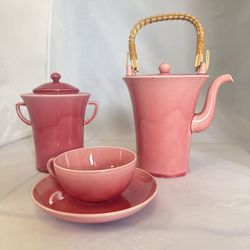 Vintage Pink Tea Set 4pc Pot Sugar Bowl Cup & Saucer Swing Handle