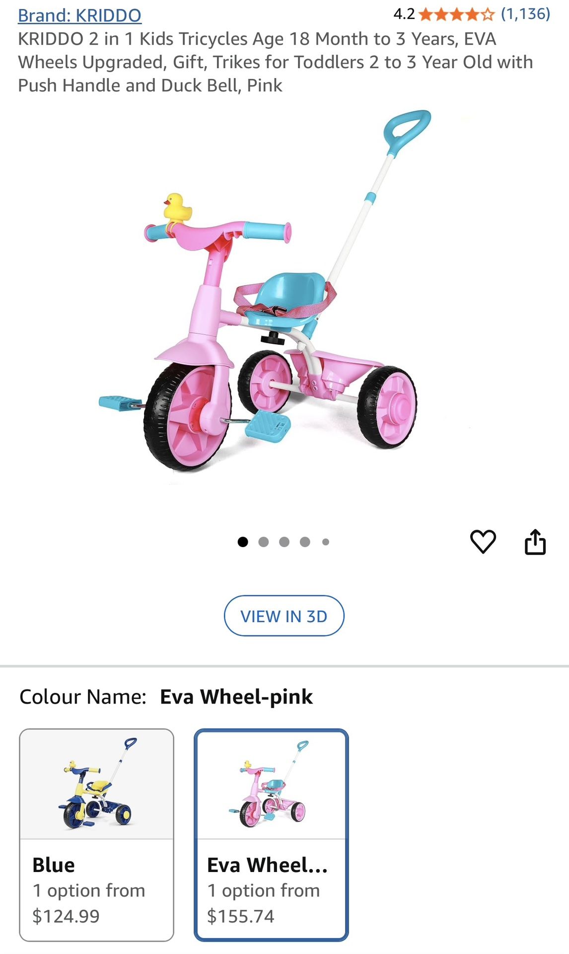 KRIDDO 2 in 1 Kids Tricycles Age 18 Month to 3 Years, EVA Wheels Upgraded, Gift, Trikes for Toddlers 2 to 3 Year Old with Push Handle and Duck Bell, P