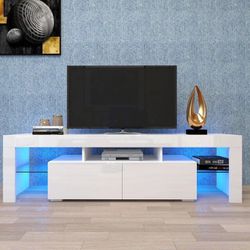 Modern LED TV Stand for Televisions up to 70 Inch with Glass Shelves and Drawer, Gaming Entertainment Center with Multiple Dynamic RGB Modes, for Livi