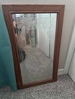 Wood Framed Wall Mirror with Etched Border
