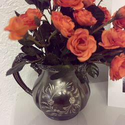 Antique Forbes Silver Pot Vase With Orange Artificial Flowers And Free 3D Colorful Print 