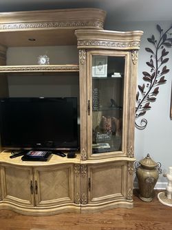 Traditional Wood Entertainment Center with Curio Cabinet