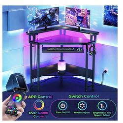 Carbon Fiber Corner Desk w/Power Outlets, LED Lights and Keyboard Tray - NEW