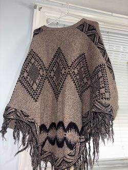 Knit Poncho with Fringe and Aztec Pattern