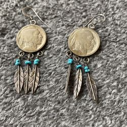 Buffalo Nickle/Sterling Feather W/Turqoise Earings