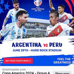 2 Tickets Copa America Soccer Argentina Peru June 29, 6/29  Sec 349 Row 14 Upper Sideline Hardrock Stadium