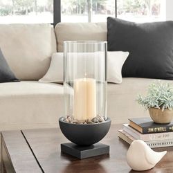 Modern Black Metal Bold Pedestal And Glass Pillar Hurricane Candle Holder
