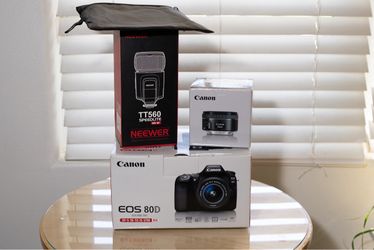 Used Canon 80D w/ F1.8 50mm lens, and Neewer Flash