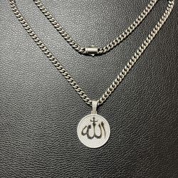 Stainless Steel Cuban Link Chain With 925 Sterling Silver Allah Pendant.
