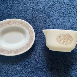 Vintage Pyrex Woodland Gravy Boat And Plate