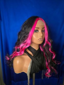 Black and Pink Highlighted  front Lace Front Wig synthetic hair 24"