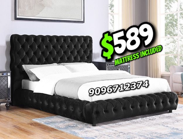 King Black Button Platform Bed w. Orhopedic Mattress Included 