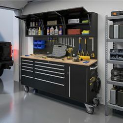 72-Inch Heavy Duty Rolling Tool Chest with 10 Drawers and Solid Rubber Wood Top Mobile Workstation, Includes Power Strip, Locking System, Drawer Liner