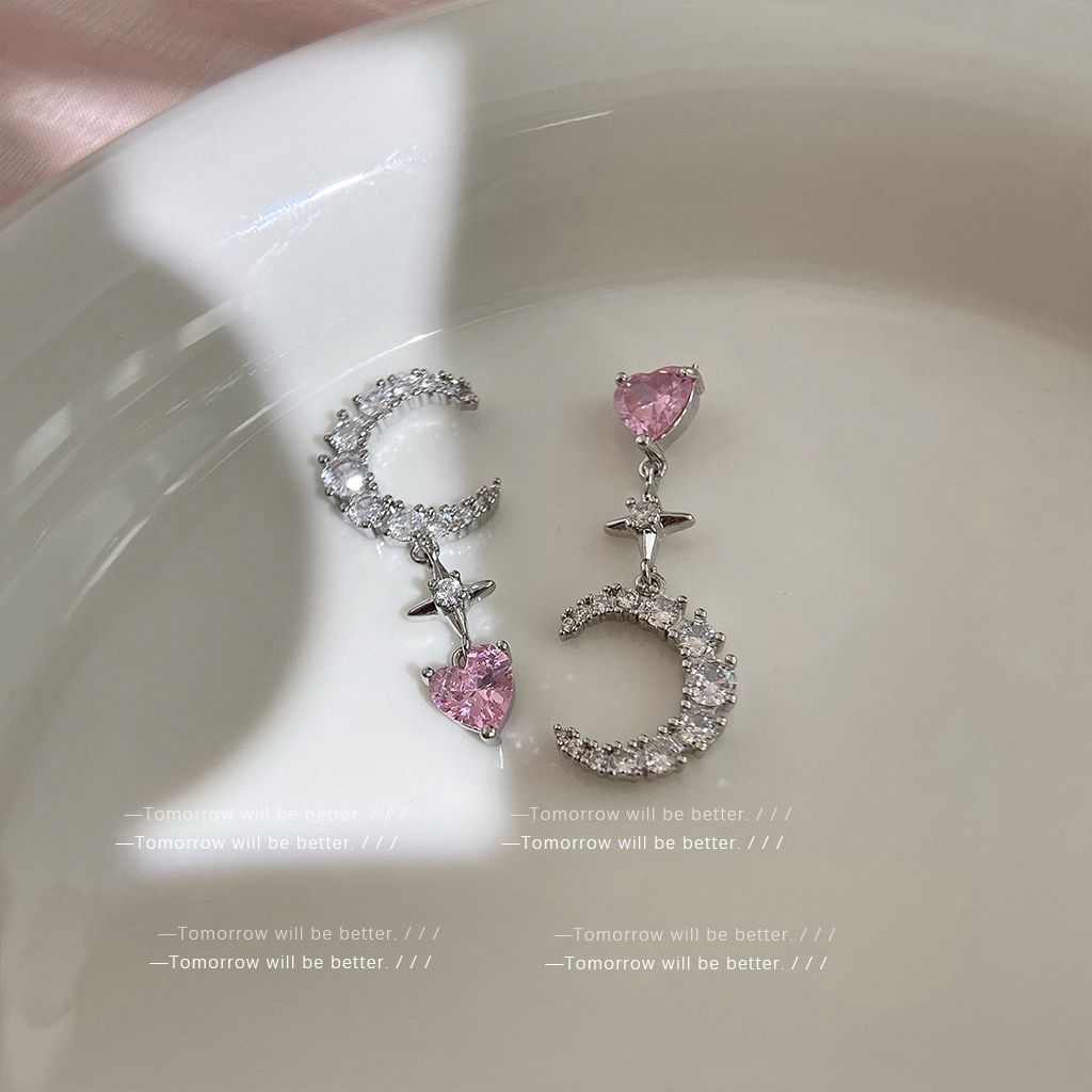 "Korean K-style Pink Bow Zircon Heart Earrings – Chic Silver Studs"