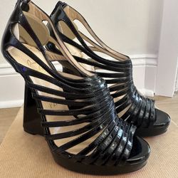 Christian Louboutin Disqueen 120 Patent Calf Cage Bootie Black 37.5