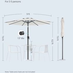 SONGMICS Patio Umbrella, 9 ft Outdoor Table Umbrella, 8 Ribs, UPF 50+, Tilt and Crank, Base Not Included, for Deck, Patio, Garden, Pool, White UGPU09B