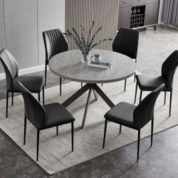 47.2"L Round Kitchen Dining Table With 35"H Dining Chair For 2-6 Person