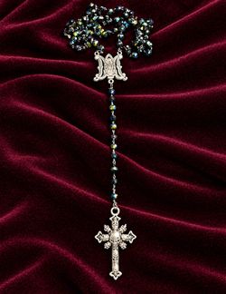 Handmade Gothic Statement Necklace – Iridescent Black Glass Beads + Skull Crucifix