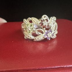925 Sterling Silver, Designer Ross Simon Multi.  Gemstones Ring , Amethyst, Garnet, Peridot Flowers, Size 8.25, Hallmarked RS 925