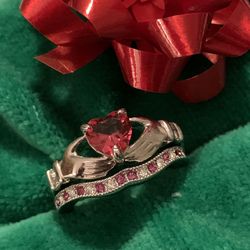 Red & Pink CZ Claddagh Ring 