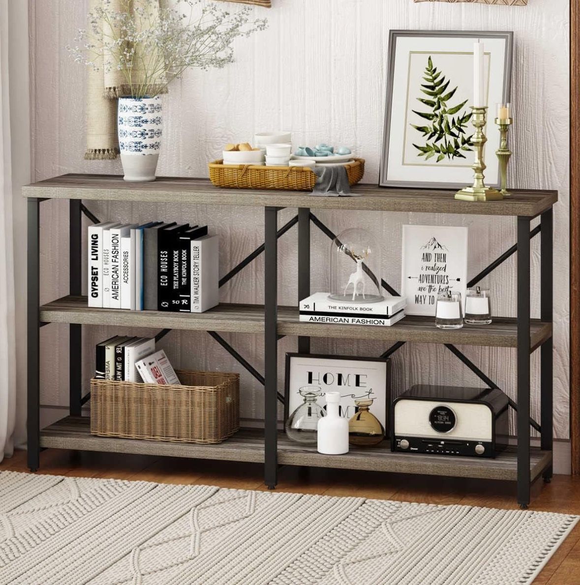 BON AUGURE Rustic Console Table Behind Sofa, Industrial Entryway Table with Storage Shelves, 3 Tier Long Bookshelf for Entry (55 Inch, Dark Grey Oak)