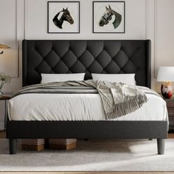 Queen Size Bed Frame with Diamond Button Tufted Wingback Headboard, Upholstered Platform Bed Frame with Strong Wood Slat Support, No Box Spring Needed