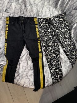 Homme + Femme Black Jeans with Yellow Spellout Side Stripes