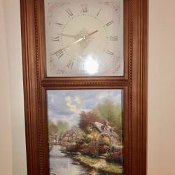 2002 THOMAS KINKADE WOOD WALL CLOCK W PORCELAIN LAMPLIGHT BRIDGE PLATE 21” X 10”