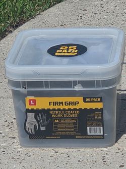 Brand New FIRM GRIP Large Nitrile Coated Work Gloves with Reusable Bucket (25-Pack)