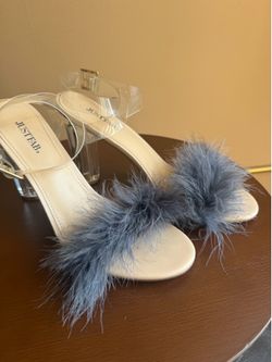 Custom JustFab Clear Lucite Heel Sandals with Grey Feather Trim