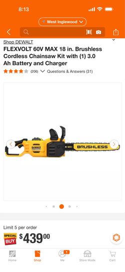 DEWALT FLEXVOLT 60V MAX 18 in. Brushless Cordless Chainsaw Kit with (1) 3.0 Ah Battery and Charger