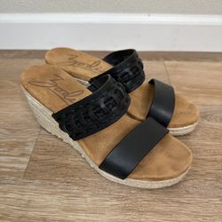 Zodiac Black Leather Poppy Slide Espadrill Sandals, Size 8