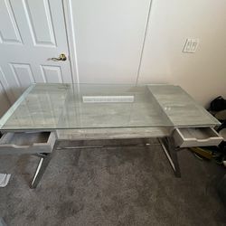 Metal Framed Desk with Grey Wood Drawers and a Glass Top