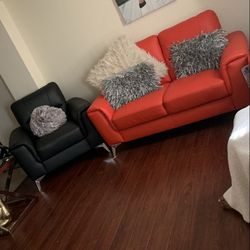 Red love seat Or sofa And 2  Two End Tables ; also Black Chair