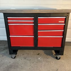 Craftsman Toolbox /Workbench-Restored/New-8 Drawers, 5” Swiv/Lock Whls, Wood/MDF Top, 51”W, 22”D, 39”H